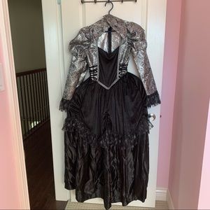 Victorian-Style Long Sleeve Black & Silver Ball Gown & Witch Hat Costume